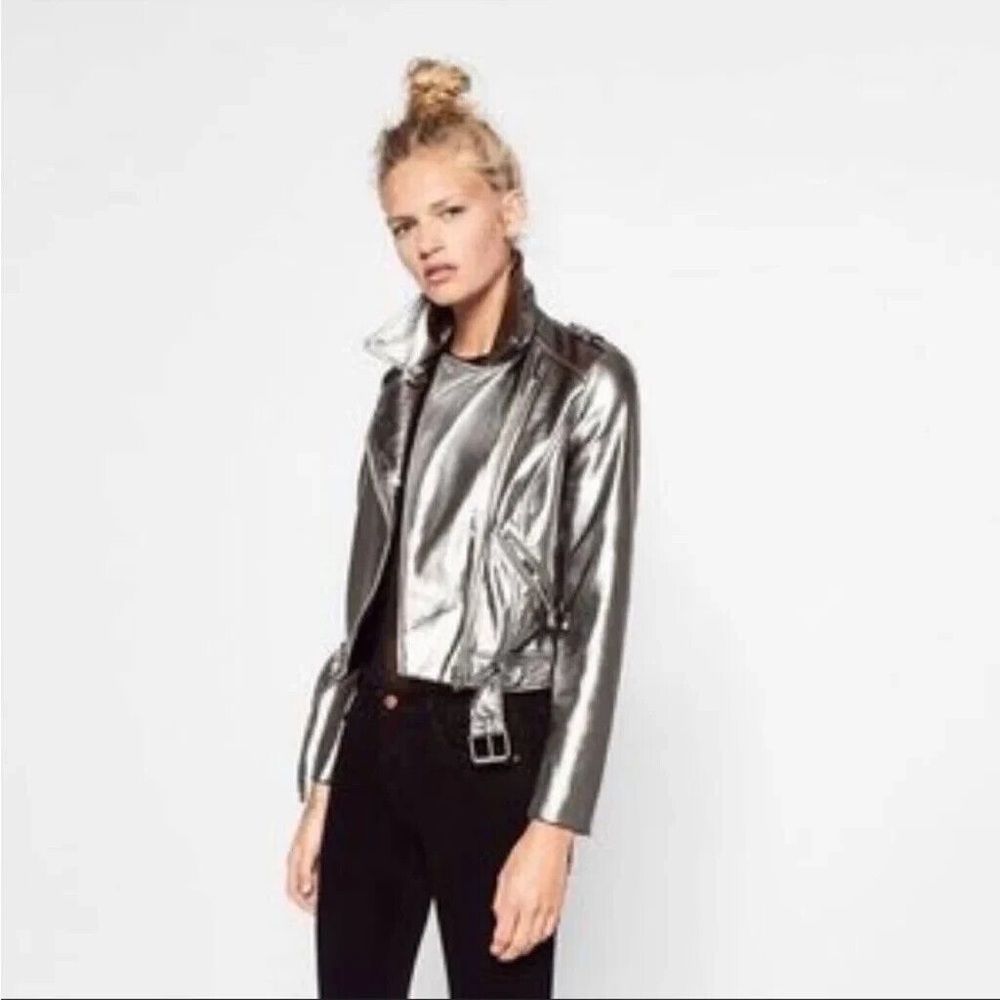 Zara Silver Metallic Belted Jacket